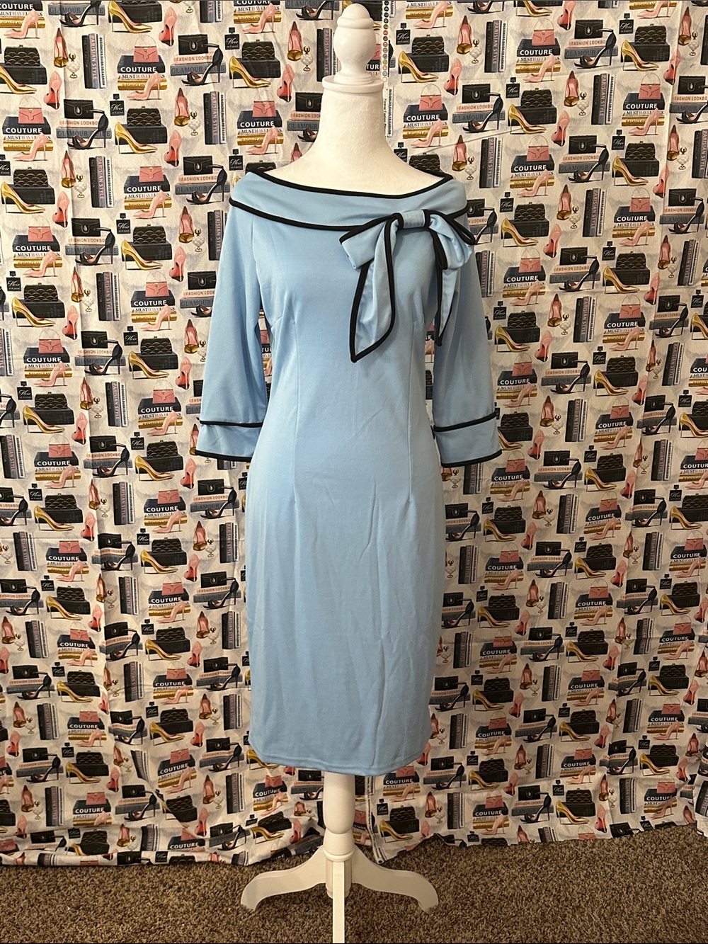 Light Blue Off-Shoulder Midi Dress with Black Trim and Bow